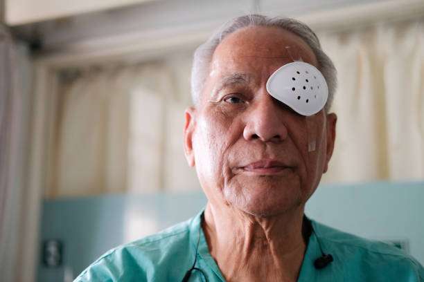 patient covering eye with protective shield & medical plaster after eyes PRK surgery in hospital