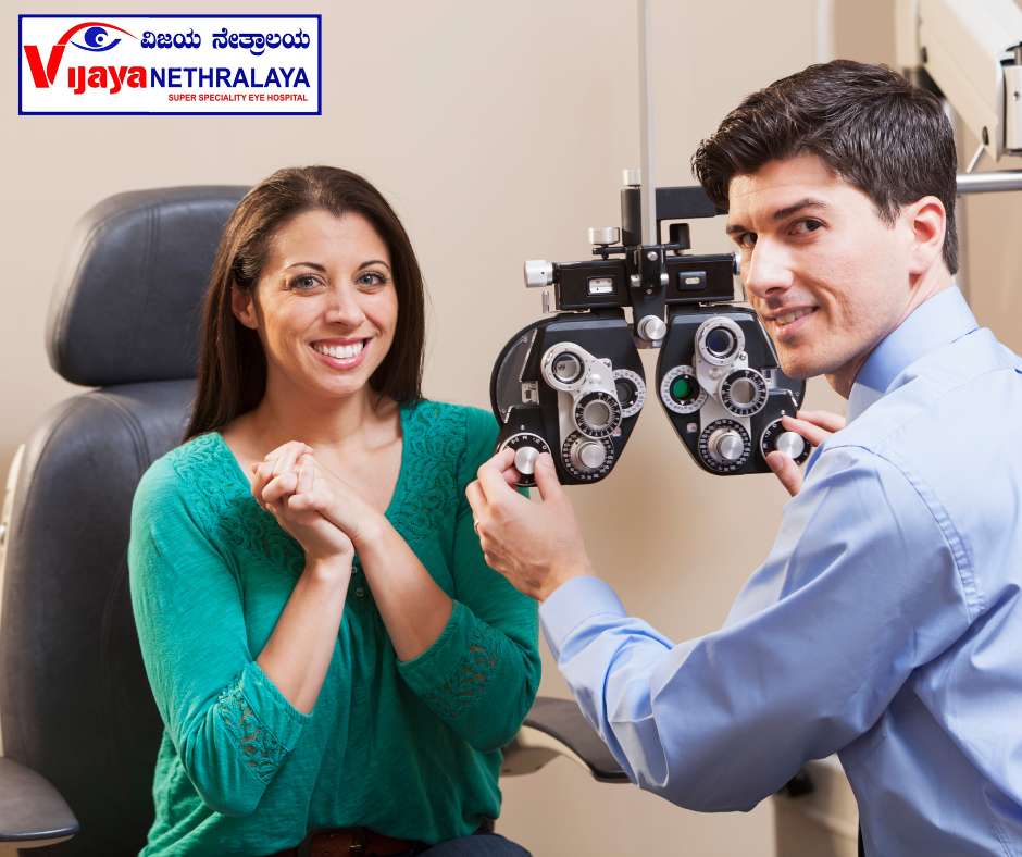 Eye exam: a doctor checked the eye of a woman's