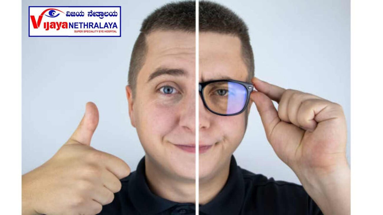 A man with glasses before and after. On one half, the face is happy without glasses, and on the other, a sad expression with glasses. Poor vision treatment concept, laser eye surgery, 