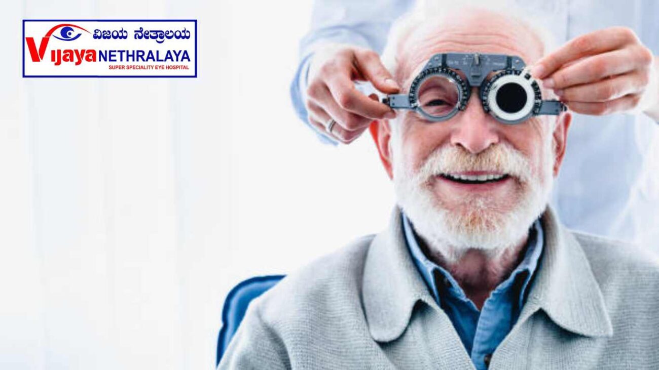 Portrait of a happy mature male patient undergoing vision check  for cataract 