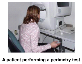 A patient performing a perimetry test