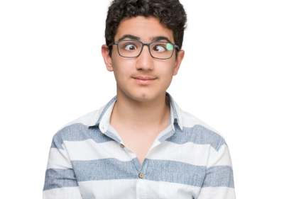 a boy wearing spectacles is having squint eyes