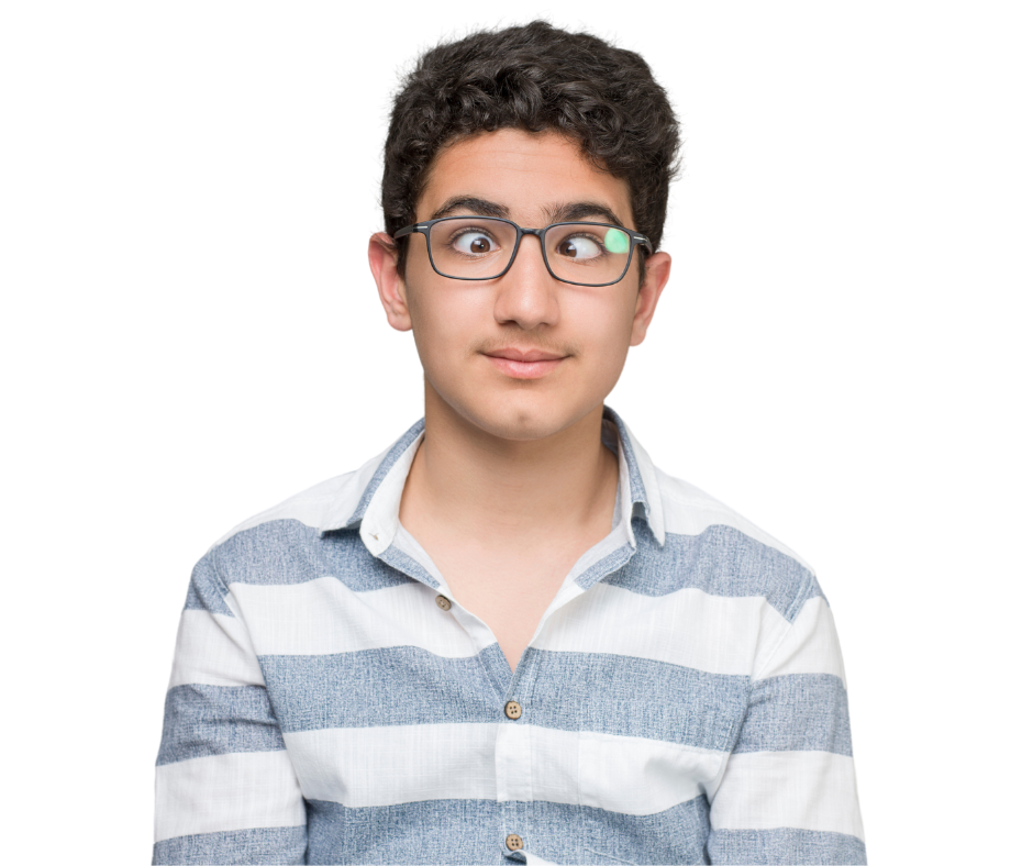 a boy wearing spectacles is having squint eyes