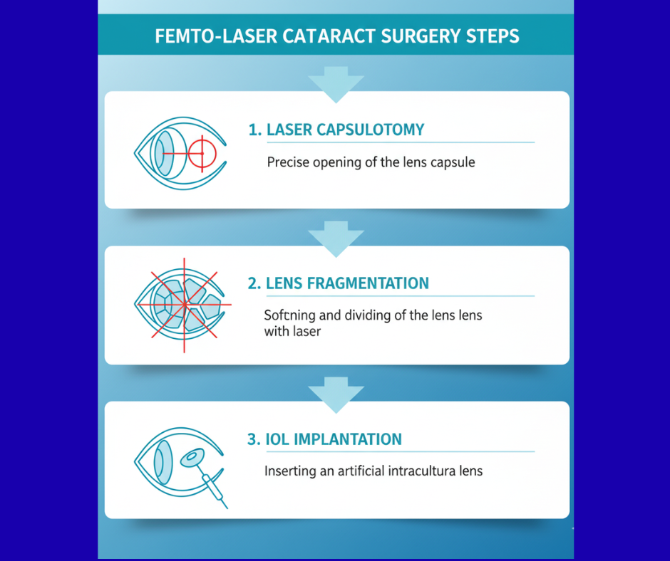 Step-by-step process of Femto-laser Cataract Surgery