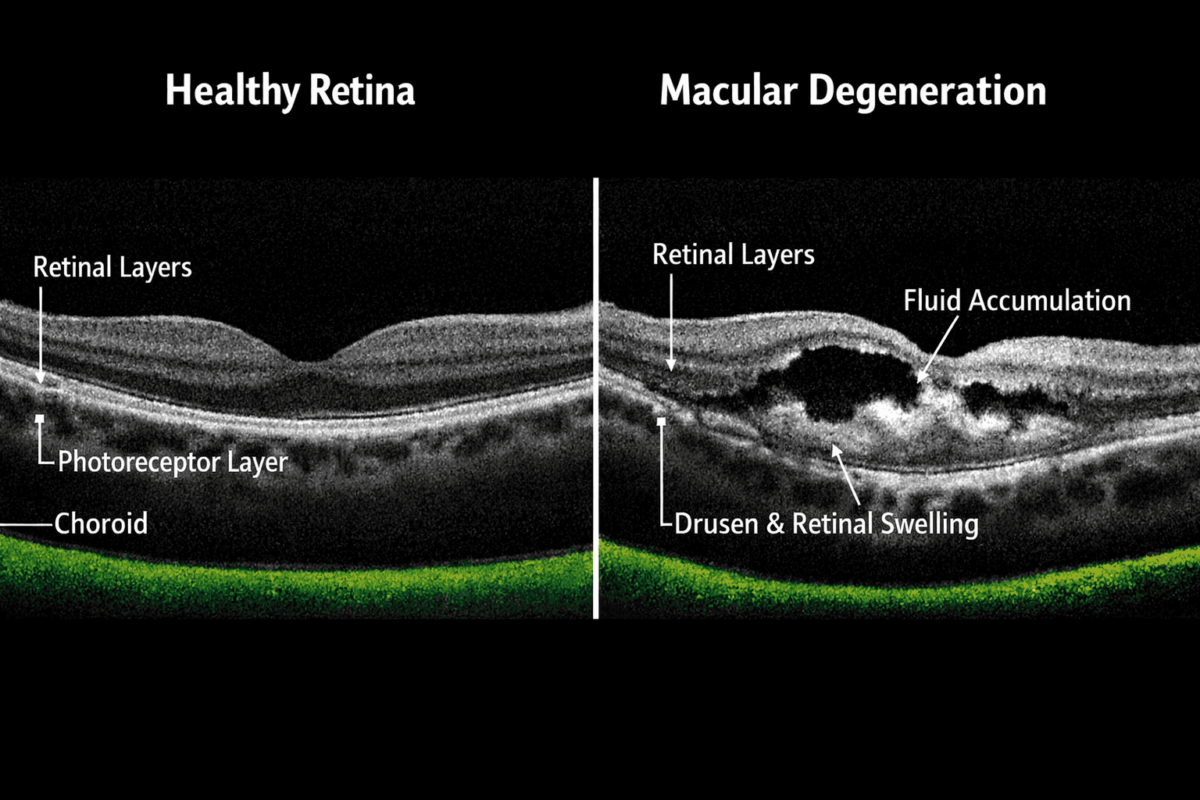 OCT retinal scan cross-section showing macular layers and fluid buildup in macular degeneration
